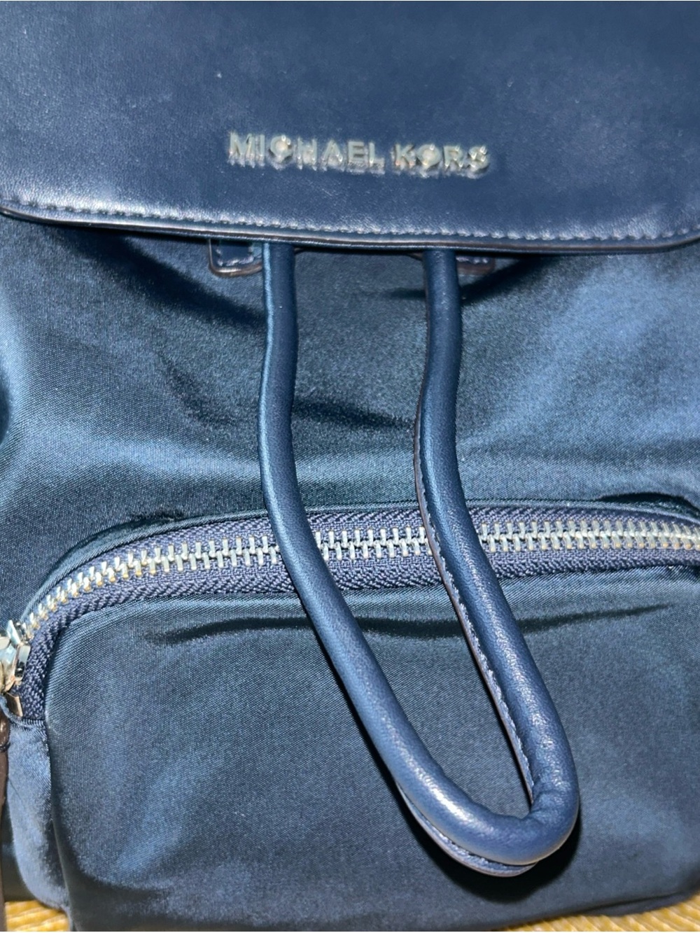 Michael Kors Abbey Leather Large Cargo Nylon Drawstring Backpack in Deep Navy